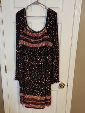 Boho Black Floral Smocked Bodice Long Sleeve Dress
